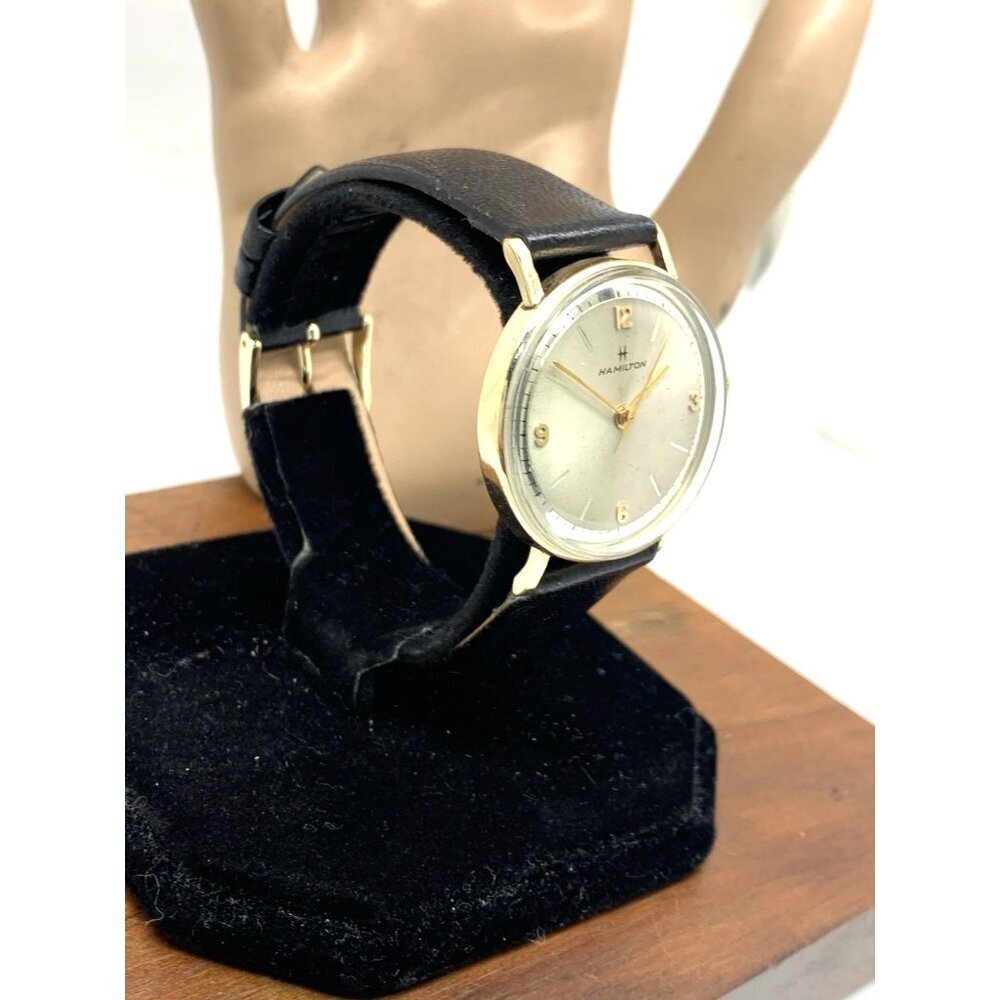 Hamilton Men's Watch Vintage Swiss Hand Wind 10k R.G.P Case Black Leather 32mm - Picture 13 of 13